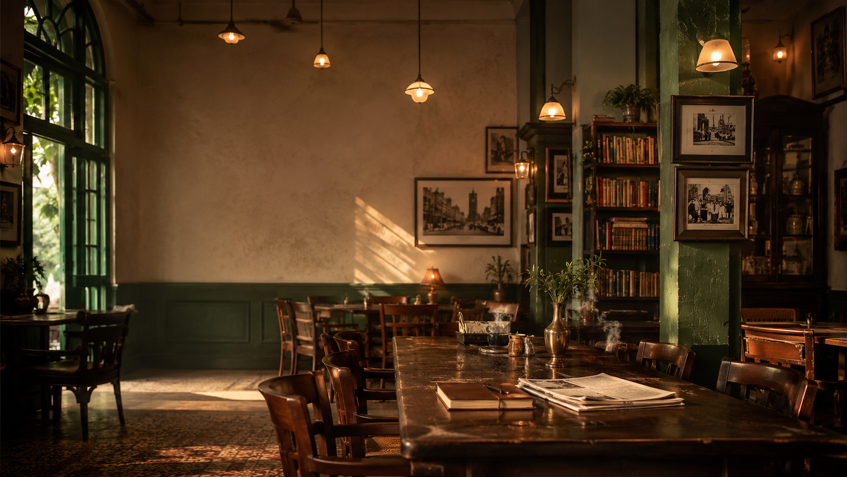 Heritage café ambience, Nolen Gur Payesh, Fish Fry, and Aam Pora Sharbat at Calcutta Adda Café